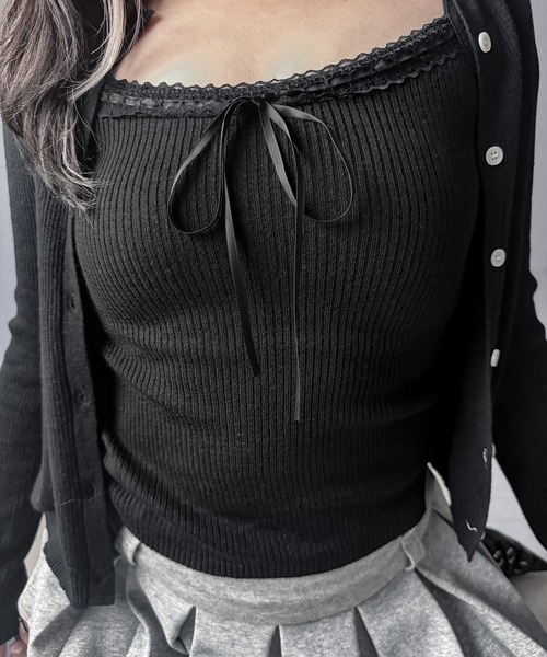 me+em select(ミームセレクト)の「【 2点セット 】リボンリブニットキャミソール + カーディガンセット / ribbon rib knit camisole + cardigan set(アンサンブル・レディース・ブラック/アイボリー/グレー・FREE)」の18枚目の写真