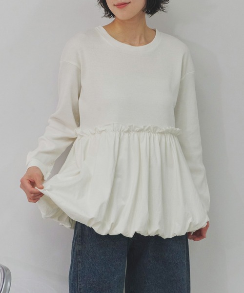 Fizz(フィズ)の「ペプラム切替バルーントップス(Tシャツ/カットソー・レディース・カーキ/ブラック/ホワイト・M)」の1枚目の写真
