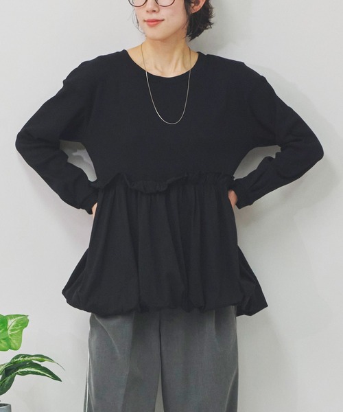 Fizz(フィズ)の「ペプラム切替バルーントップス(Tシャツ/カットソー・レディース・カーキ/ブラック/ホワイト・M)」の2枚目の写真