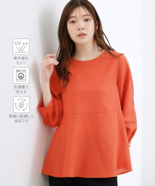 grove（グローブ）の「【UVカット・体型カバーも叶う】麻調メッシュランタンスリーブブラウス（シャツ/ブラウス・レディース・オフホワイト/ブラック系5/グリーン系/レッド系・02/03/01/04/05）」の4枚目の写真