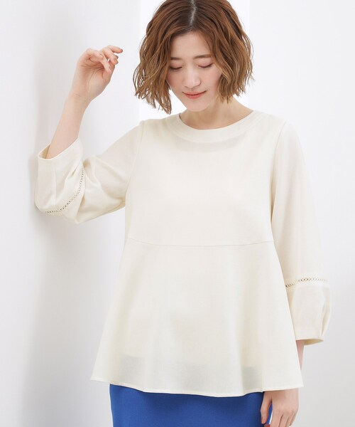 grove（グローブ）の「【UVカット・体型カバーも叶う】麻調メッシュランタンスリーブブラウス（シャツ/ブラウス・レディース・オフホワイト/ブラック系5/グリーン系/レッド系・02/03/01/04/05）」の2枚目の写真