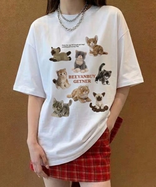 pyornim(ピョルニム)の「ねこぬいぐるみ プリント 半袖 BIGTシャツ(Tシャツ/カットソー・レディース・ホワイト/アイボリー/ブラック/グレー・M)」の1枚目の写真