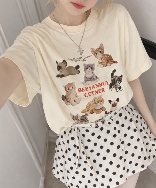 pyornim(ピョルニム)の「ねこぬいぐるみ プリント 半袖 BIGTシャツ(Tシャツ/カットソー・レディース・ホワイト/アイボリー/ブラック/グレー・M)」の2枚目の写真