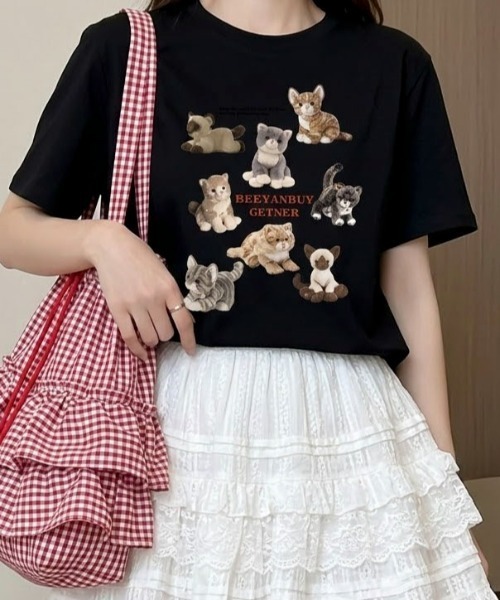 pyornim(ピョルニム)の「ねこぬいぐるみ プリント 半袖 BIGTシャツ(Tシャツ/カットソー・レディース・ホワイト/アイボリー/ブラック/グレー・M)」の3枚目の写真