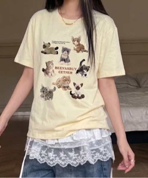 pyornim(ピョルニム)の「ねこぬいぐるみ プリント 半袖 BIGTシャツ(Tシャツ/カットソー・レディース・ホワイト/アイボリー/ブラック/グレー・M)」の9枚目の写真
