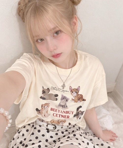 pyornim(ピョルニム)の「ねこぬいぐるみ プリント 半袖 BIGTシャツ(Tシャツ/カットソー・レディース・ホワイト/アイボリー/ブラック/グレー・M)」の6枚目の写真