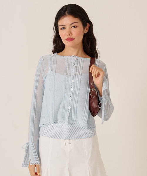 TINA:JOJUN(ティーナジョジュン)の「ピンタック シアーニット カーディガン TINA:JOJUN(カーディガン/ボレロ・レディース・ホワイト/サックスブルー・M)」の20枚目の写真