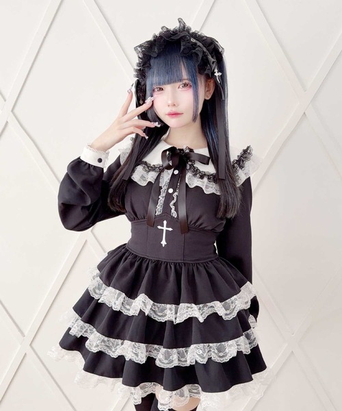 MA*RS（アメーバーマーズ）の「クロス刺繍ティアードセットアップ ２点SET（セットアップ・レディース・ブラック×ホワイト/ブラック/ホワイト×ブラック/チャコールグレー/ブラック×ブラック・FREE）」の6枚目の写真