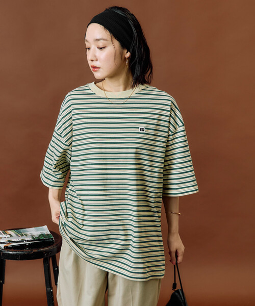 FREAK'S STORE(フリークスストア)の「限定展開 RUSSELL ATHLETIC × FREAK'S STORE/ラッセルアスレチック 別注 ボーダー 半袖 Tシャツ(Tシャツ/カットソー・レディース・ナチュラル/ブラウン/ネイビー・フリ-)」の4枚目の写真
