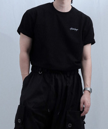 JUSTHANG（ジャストハング）の「セミオーバーフィットミニロゴオフブラック半袖（Tシャツ/カットソー）」