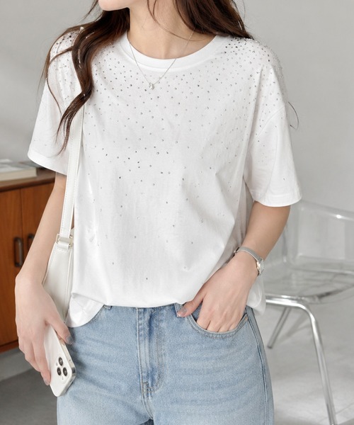 Megil(メギル)の「オーロラストーン使いシルケットライクTシャツ(Tシャツ/カットソー・レディース・グレー/ホワイト/ブラック・MEDIUM)」の6枚目の写真