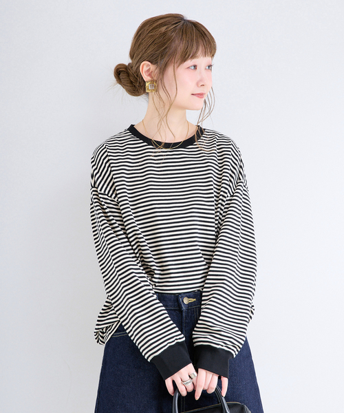 B.C STOCK(ベーセーストック)の「《追加9》【WEB限定】ウォッシャブル / ボーダーロンTEE(Tシャツ/カットソー・レディース・パープル系その他/ブラック系その他/グリーン/ブルー/イエロー/ピンク/パープル・FREE)」の2枚目の写真