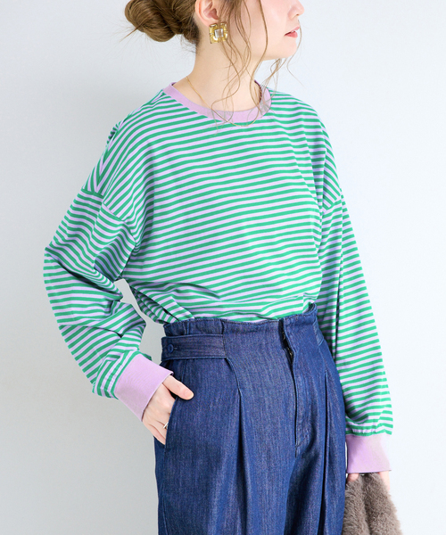 B.C STOCK(ベーセーストック)の「《追加9》【WEB限定】ウォッシャブル / ボーダーロンTEE(Tシャツ/カットソー・レディース・パープル系その他/ブラック系その他/グリーン/ブルー/イエロー/ピンク/パープル・FREE)」の6枚目の写真