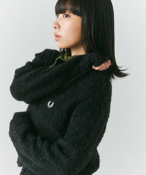 聯名重點標誌刺繡 短版長毛絨針織開襟衫