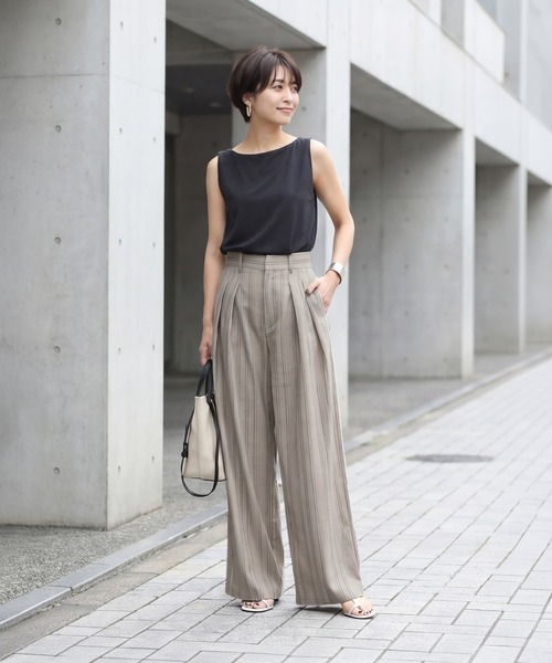 STYLE DELI（スタイルデリ）の「麻調ストライプ柄ワイドパンツ（その他パンツ・レディース・ブラウン系その他/サンドベージュ・FREE）」の3枚目の写真