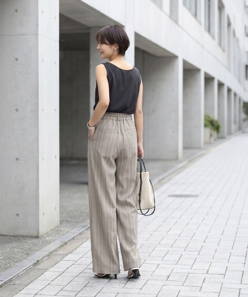 STYLE DELI（スタイルデリ）の「麻調ストライプ柄ワイドパンツ（その他パンツ・レディース・ブラウン系その他/サンドベージュ・FREE）」の6枚目の写真
