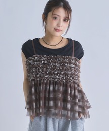 チェックフリルチュールビスチェ×フレンチTEE SET