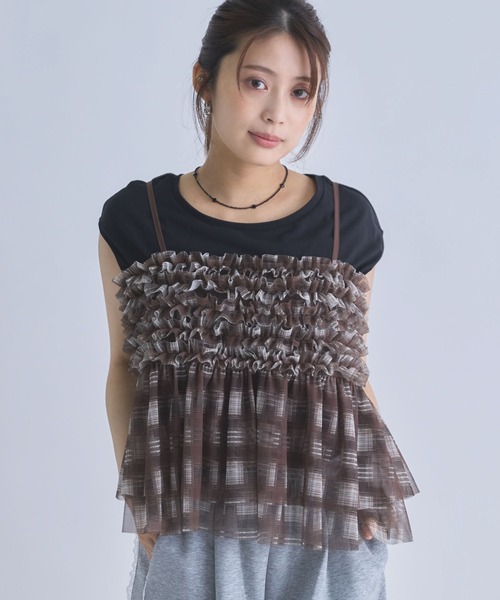 archives(アルシーヴ)の「チェックフリルチュールビスチェ×フレンチTEE SET(アンサンブル・レディース・ブラック/ベージュ/ブラウン・MEDIUM)」の2枚目の写真