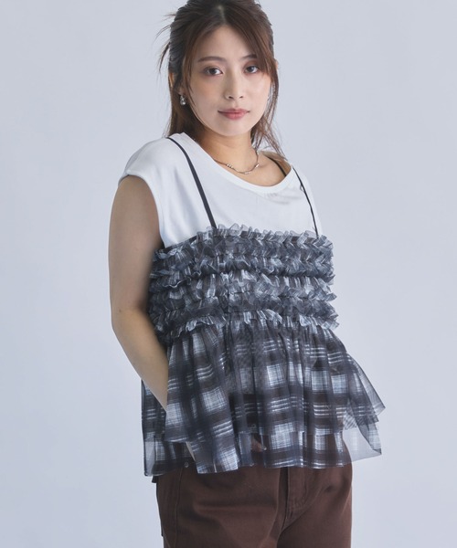 archives(アルシーヴ)の「チェックフリルチュールビスチェ×フレンチTEE SET(アンサンブル・レディース・ブラック/ベージュ/ブラウン・MEDIUM)」の4枚目の写真