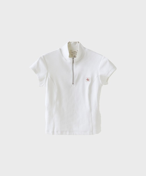 Calvin Klein(カルバン・クライン)の「Calvin Klein/ SS WOVEN LABEL 2X2 BABY RIB ZIP MOCK NK / 47G240G 夏服(Tシャツ/カットソー・レディース・ブラック/ホワイト・M/S)」の1枚目の写真