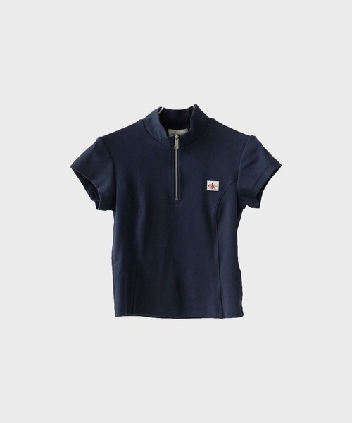 Calvin Klein(カルバン・クライン)の「Calvin Klein/ SS WOVEN LABEL 2X2 BABY RIB ZIP MOCK NK / 47G240G 夏服(Tシャツ/カットソー・レディース・ブラック/ホワイト・M/S)」の2枚目の写真