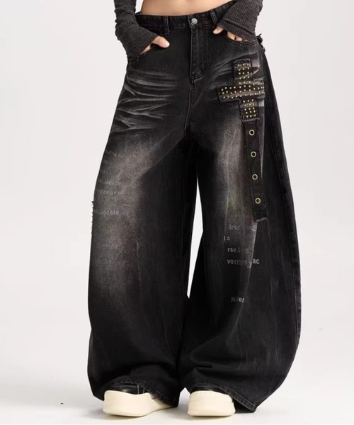 VIBGYOR(ヴィブジョー)の「【Bls】【ZM】【Bling Leads】クロスモチーフ ダメージデニムパンツ ユニセックス(BL)(デニムパンツ・メンズ・ブラック・LARGE/MEDIUM)」の3枚目の写真