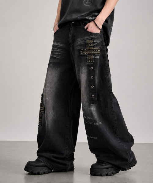 VIBGYOR(ヴィブジョー)の「【Bls】【ZM】【Bling Leads】クロスモチーフ ダメージデニムパンツ ユニセックス(BL)(デニムパンツ・メンズ・ブラック・LARGE/MEDIUM)」の8枚目の写真