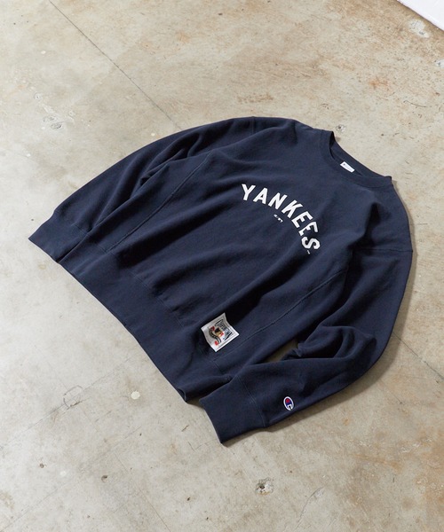 MLB（メジャーリーグベースボール）の「MLB/エムエルビー ×Champion/チャンピオン CREW NECK SHIRT VINTAGE ブランドロゴ スウェット トレーナー リバースウィーブ クルーネックスウェット サイドリブ ヴィンテージ メンズ アメカジ 2026秋服 秋服（スウェット・メンズ・ネイビー/グレー/ブルー・M/L/XL）」の21枚目の写真