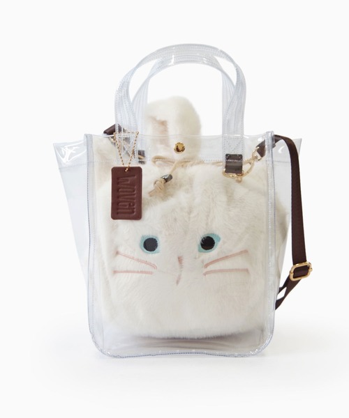 WOVEN（ウーヴン）の「WOVEN (ウーヴン) / クリアトートバッグ CLEAR PVC TOTE  × エコファー ねこ フェイス 2WAY BAG 猫巾着 バッグ（ショルダーバッグ・レディース・ブラウン/グレー/ホワイト/ブラック・FREE）」の2枚目の写真