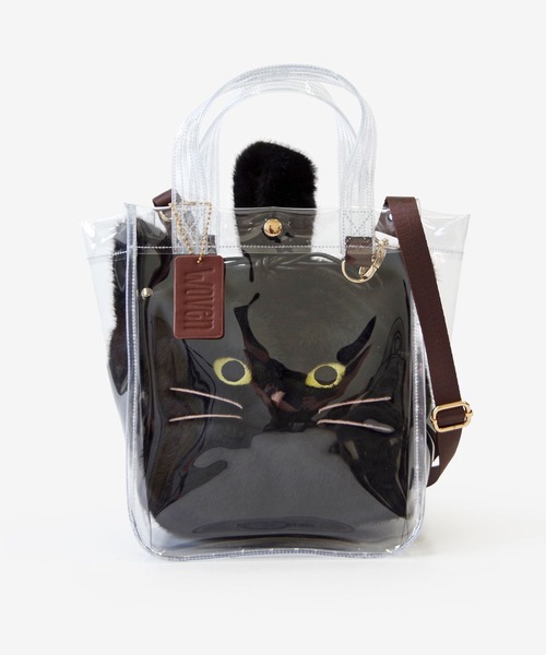 WOVEN（ウーヴン）の「WOVEN (ウーヴン) / クリアトートバッグ CLEAR PVC TOTE  × エコファー ねこ フェイス 2WAY BAG 猫巾着 バッグ（ショルダーバッグ・レディース・ブラウン/グレー/ホワイト/ブラック・FREE）」の3枚目の写真