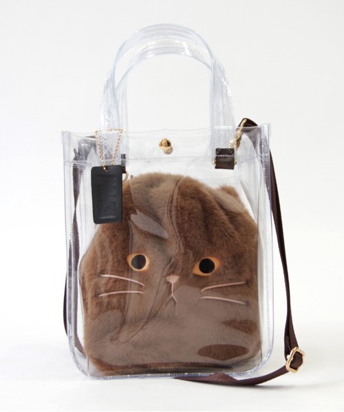 WOVEN（ウーヴン）の「WOVEN (ウーヴン) / クリアトートバッグ CLEAR PVC TOTE  × エコファー ねこ フェイス 2WAY BAG 猫巾着 バッグ（ショルダーバッグ・レディース・ブラウン/グレー/ホワイト/ブラック・FREE）」の5枚目の写真