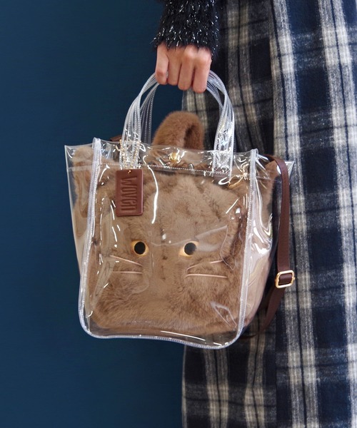 WOVEN（ウーヴン）の「WOVEN (ウーヴン) / クリアトートバッグ CLEAR PVC TOTE  × エコファー ねこ フェイス 2WAY BAG 猫巾着 バッグ（ショルダーバッグ・レディース・ブラウン/グレー/ホワイト/ブラック・FREE）」の6枚目の写真