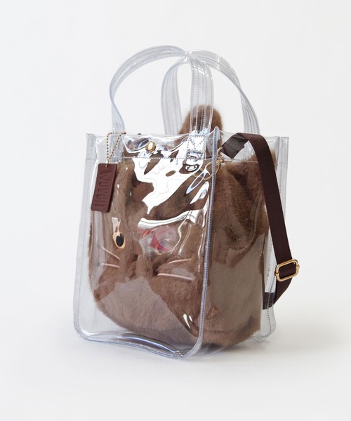 WOVEN（ウーヴン）の「WOVEN (ウーヴン) / クリアトートバッグ CLEAR PVC TOTE  × エコファー ねこ フェイス 2WAY BAG 猫巾着 バッグ（ショルダーバッグ・レディース・ブラウン/グレー/ホワイト/ブラック・FREE）」の7枚目の写真