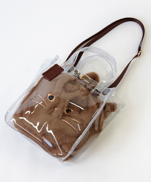 WOVEN（ウーヴン）の「WOVEN (ウーヴン) / クリアトートバッグ CLEAR PVC TOTE  × エコファー ねこ フェイス 2WAY BAG 猫巾着 バッグ（ショルダーバッグ・レディース・ブラウン/グレー/ホワイト/ブラック・FREE）」の10枚目の写真