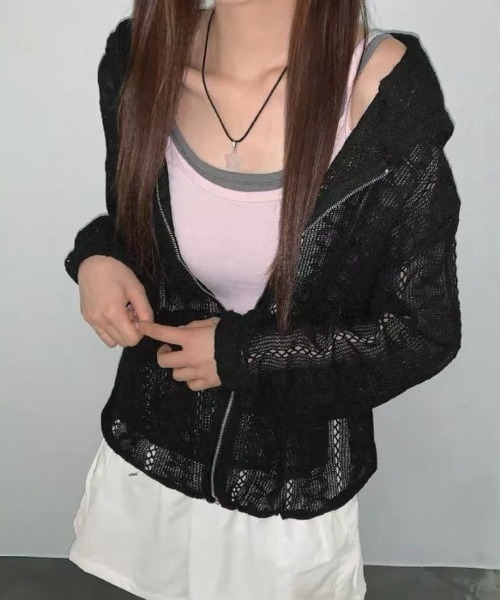 FAVORITO（ファヴォリート）の「パンチングレースフード付きジャケット（その他アウター・レディース・ブラック/ベージュ・F）」の9枚目の写真