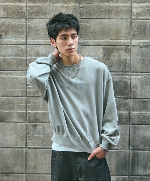 ILL'S(イルズ)の「TRIBALMOON PULLOVER CREW SWEAT / トライバルムーン 袖刺繍 フロントプリント プルオーバー クルースウェット メンズ レディース ユニセックス(スウェット・メンズ・グレー/スカイブルー/チャコールグレー・L/M)」の2枚目の写真
