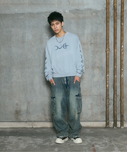 ILL'S(イルズ)の「TRIBALMOON PULLOVER CREW SWEAT / トライバルムーン 袖刺繍 フロントプリント プルオーバー クルースウェット メンズ レディース ユニセックス(スウェット・メンズ・グレー/スカイブルー/チャコールグレー・L/M)」の8枚目の写真