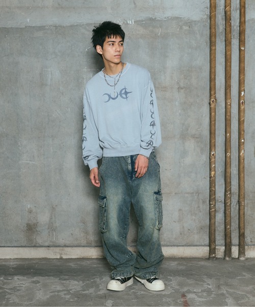 ILL'S(イルズ)の「TRIBALMOON PULLOVER CREW SWEAT / トライバルムーン 袖刺繍 フロントプリント プルオーバー クルースウェット メンズ レディース ユニセックス(スウェット・メンズ・グレー/スカイブルー/チャコールグレー・L/M)」の9枚目の写真