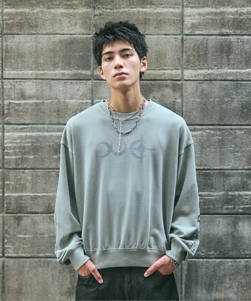 ILL'S(イルズ)の「TRIBALMOON PULLOVER CREW SWEAT / トライバルムーン 袖刺繍 フロントプリント プルオーバー クルースウェット メンズ レディース ユニセックス(スウェット・メンズ・グレー/スカイブルー/チャコールグレー・L/M)」の13枚目の写真