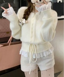 レース付きドロストクルーネックニットカーディガン