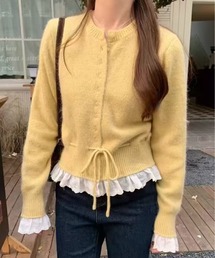 レース付きドロストクルーネックニットカーディガン