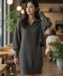 【一枚で決まる・体型カバー】スキッパーカラーニットワンピース/3色展開|ブラック グレー レッド 長袖 ゆったりシルエット 秋冬 大人カジュアル きれいめ