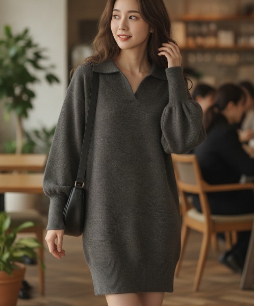 BY THE BAY（バイザベイ）の「【一枚で決まる・体型カバー】スキッパーカラーニットワンピース／3色展開｜ブラック グレー レッド 長袖 ゆったりシルエット 秋冬 大人カジュアル きれいめ（ワンピース・レディース・レッド/グレー/ブラック・FREE）」の6枚目の写真