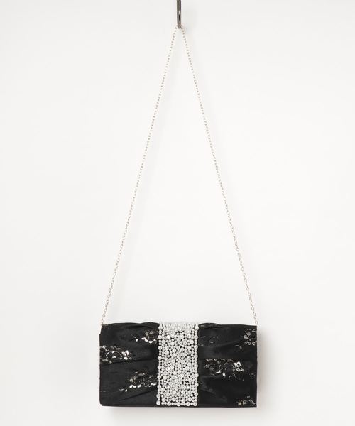 STYLEBLOCK(スタイルブロック)の「金糸フラワーレース×センターパールパーティーバッグクラッチバッグ(クラッチバッグ)」|ブラック