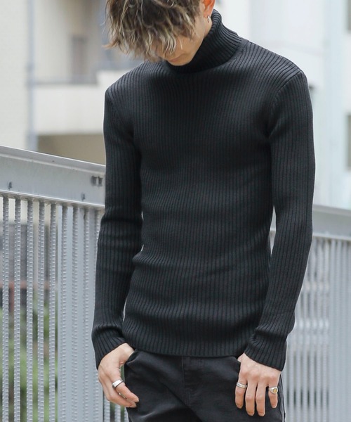 タートルネック セーター 黒 セール】ミックス ワイド リブ編み ハンドウォッシャブル ／ スキニー
