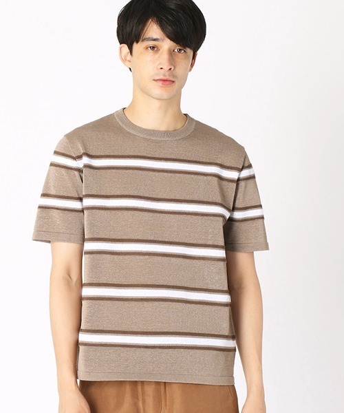 COMME CA ISM(コムサイズム)の「マルチボーダー ニットTシャツ(Tシャツ/カットソー・メンズ・ベージュ/ネイビー/グレー・MEDIUM/LARGE)」の1枚目の写真