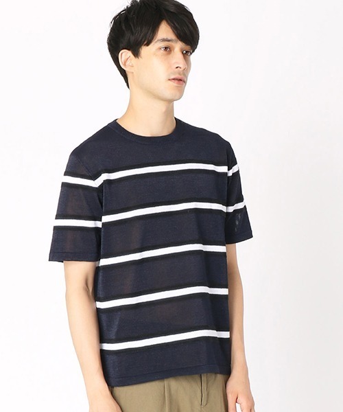 COMME CA ISM(コムサイズム)の「マルチボーダー ニットTシャツ(Tシャツ/カットソー・メンズ・ベージュ/ネイビー/グレー・MEDIUM/LARGE)」の3枚目の写真