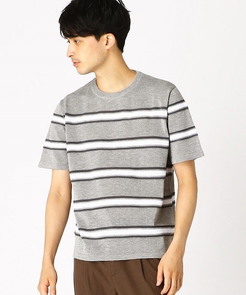 COMME CA ISM(コムサイズム)の「マルチボーダー ニットTシャツ(Tシャツ/カットソー・メンズ・ベージュ/ネイビー/グレー・MEDIUM/LARGE)」の2枚目の写真