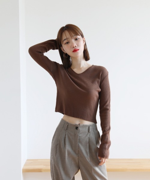 セール】クロップVネック リブニット（ニット/セーター）｜by