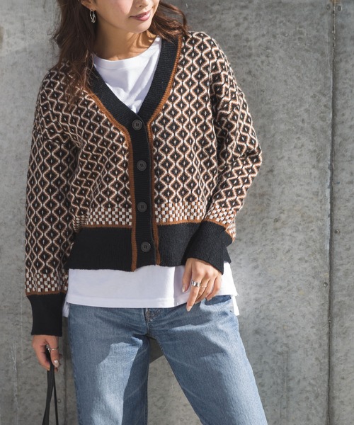 SpRay（スプレイ）の「ジャガードＶカーディガン（カーディガン/ボレロ・レディース・ブラック/ベージュ/ブラウン・FREE）」の13枚目の写真